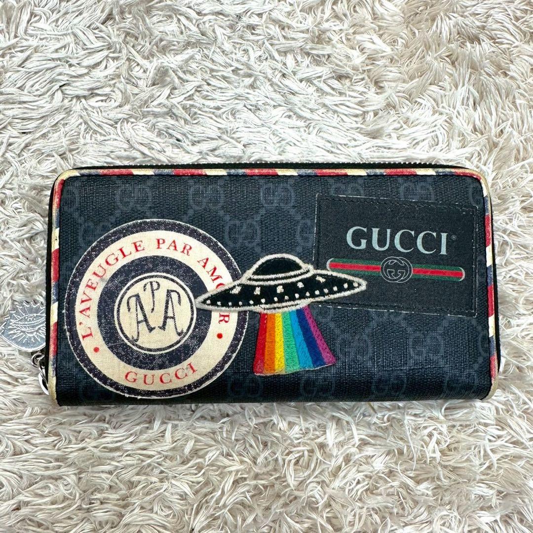 【美品】グッチ 長財布 ラウンドファスナー ブラック スプリーム UFO