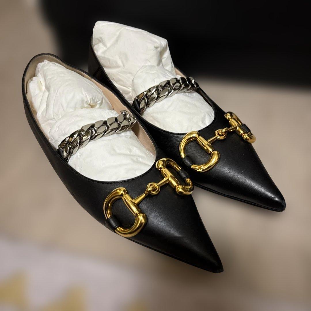 ペコ様交渉済【GUCCI】ブラック ホースビット チェーンポインテッドトゥ