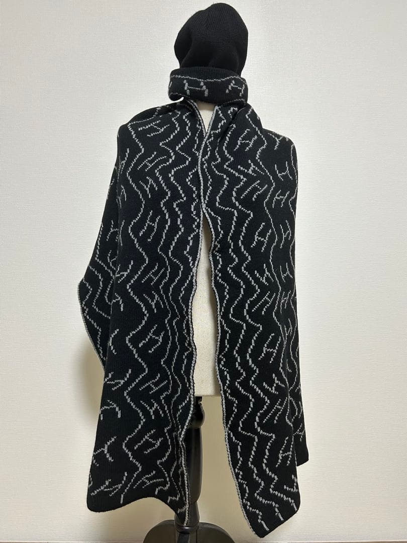 HEREMES100%カシミアブラックグレーリバーシブルマフラーニット帽セット