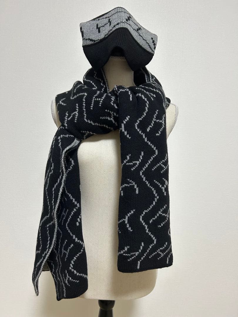 HEREMES100%カシミアブラックグレーリバーシブルマフラーニット帽セット