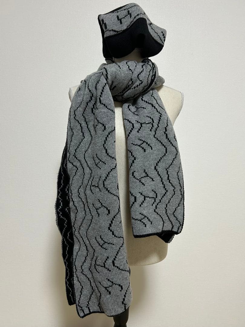 HEREMES100%カシミアブラックグレーリバーシブルマフラーニット帽セット