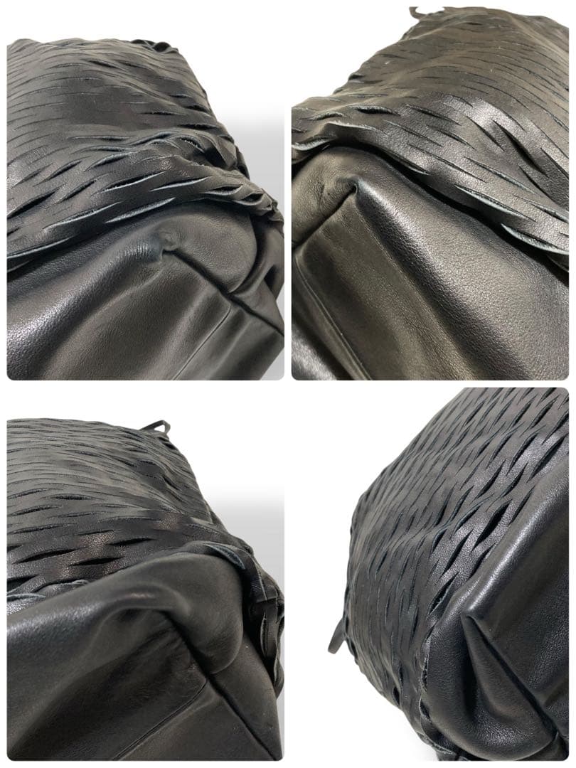 【美品】マルニ　巾着型　ショルダーバッグ　レザー　黒斜め掛けメッシュカットワーク