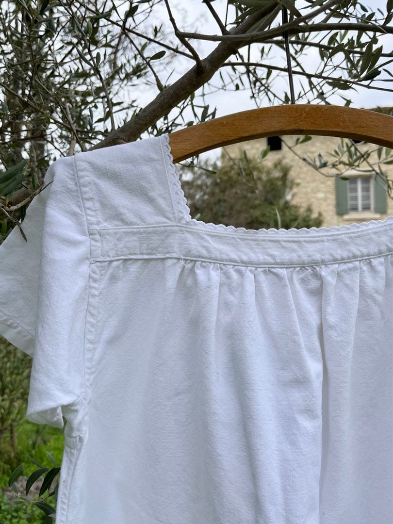 ◆フランスアンティーク｜半袖スモック、チュニック、イニシャル刺繍、白