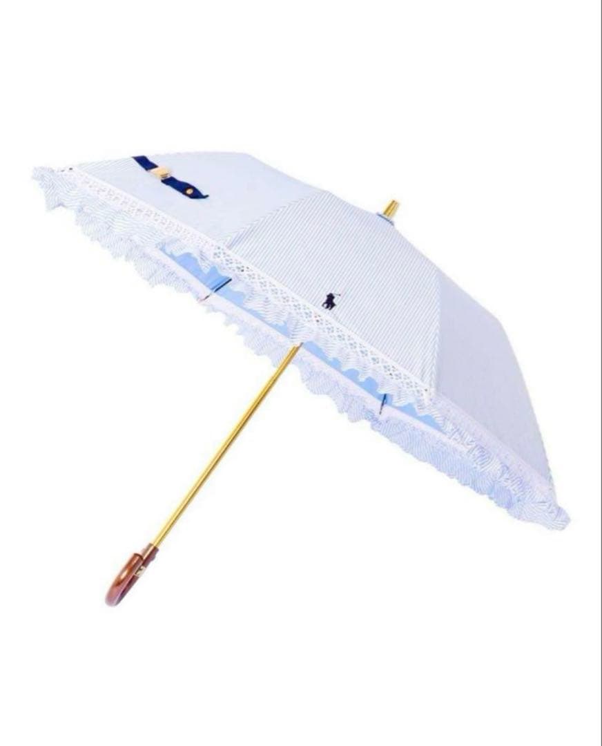 《新品》ラルフローレン ストライプフリル折りたた み遮光遮熱日傘晴雨兼用