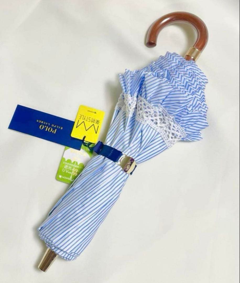 《新品》ラルフローレン ストライプフリル折りたた み遮光遮熱日傘晴雨兼用