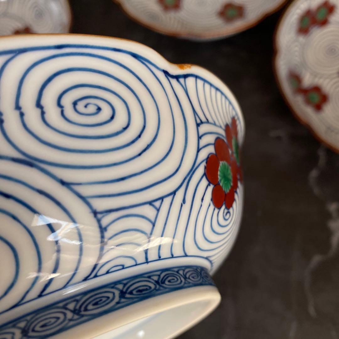 館林喜助　染錦渦梅向付　赤濃梅小鉢　5枚　美品