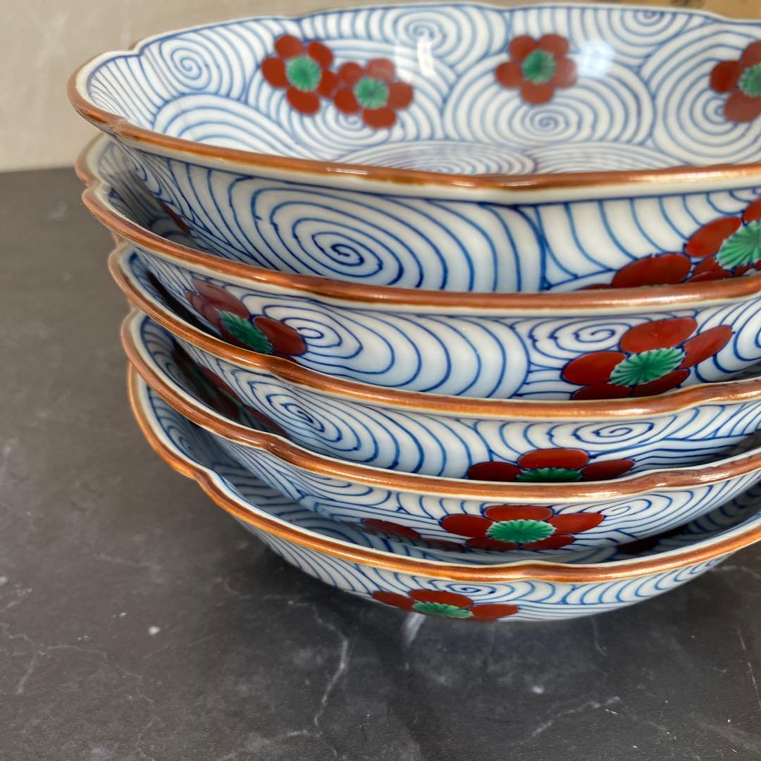 館林喜助　染錦渦梅向付　赤濃梅小鉢　5枚　美品