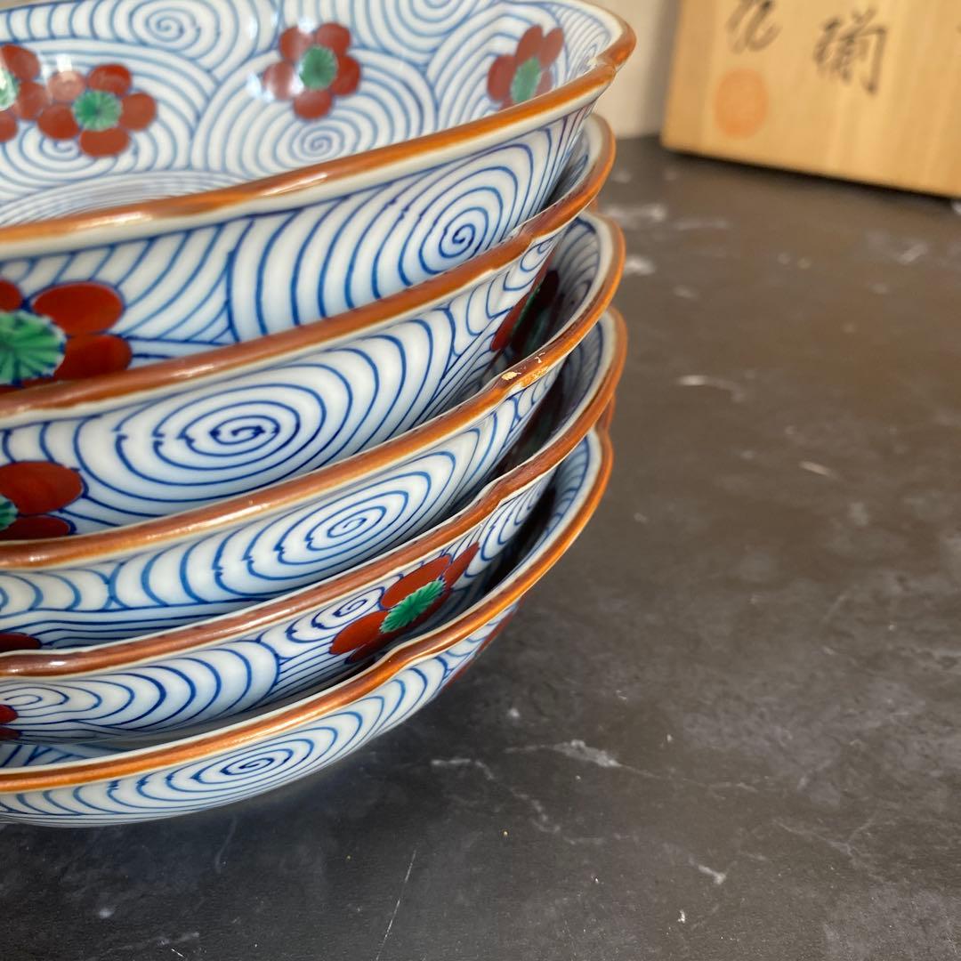 館林喜助　染錦渦梅向付　赤濃梅小鉢　5枚　美品