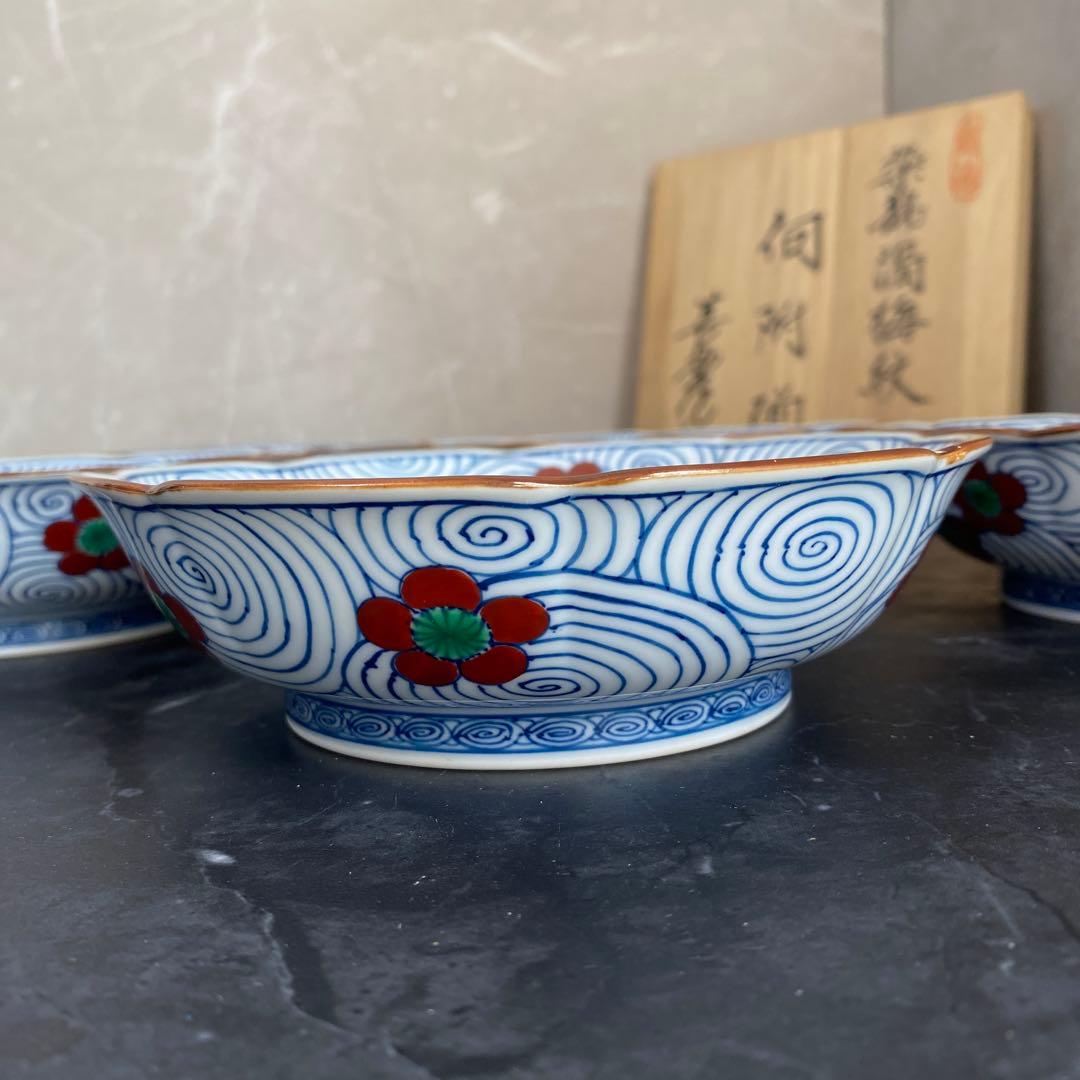 館林喜助　染錦渦梅向付　赤濃梅小鉢　5枚　美品