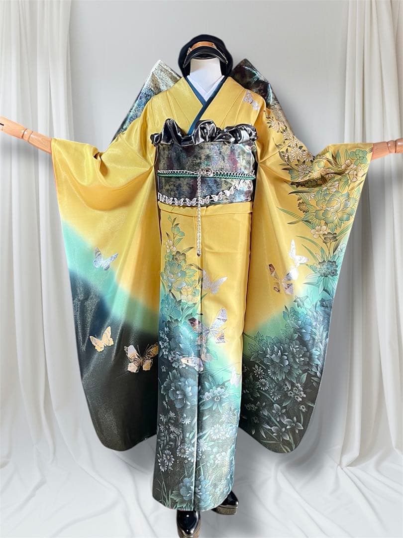 山本寛斎 ファーショール付き イエローグリーン 振袖 フルセット