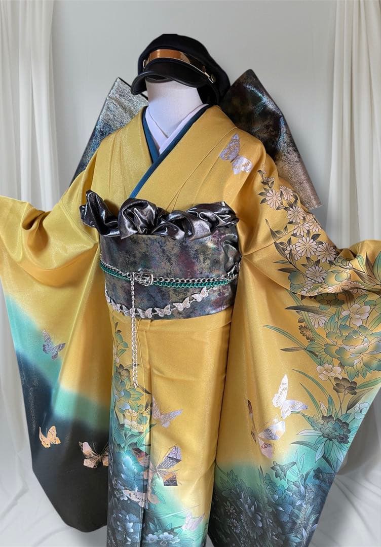 山本寛斎 ファーショール付き イエローグリーン 振袖 フルセット