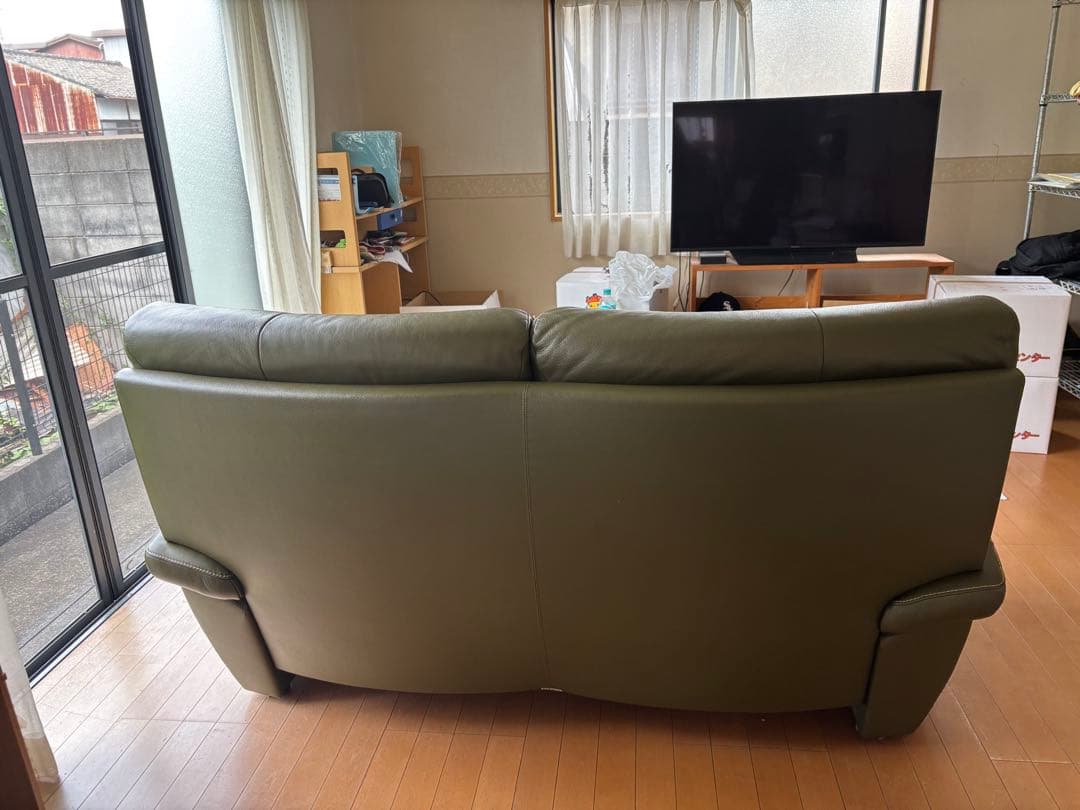 【良品】カリモク2人掛けソファ オリーブグリーン 本革×合成皮革 幅170cm