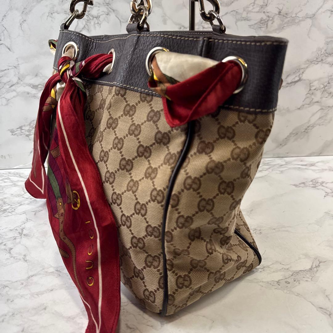 GUCCI グッチ スカーフ GG柄ジャガード×本革 レザー トートバッグ