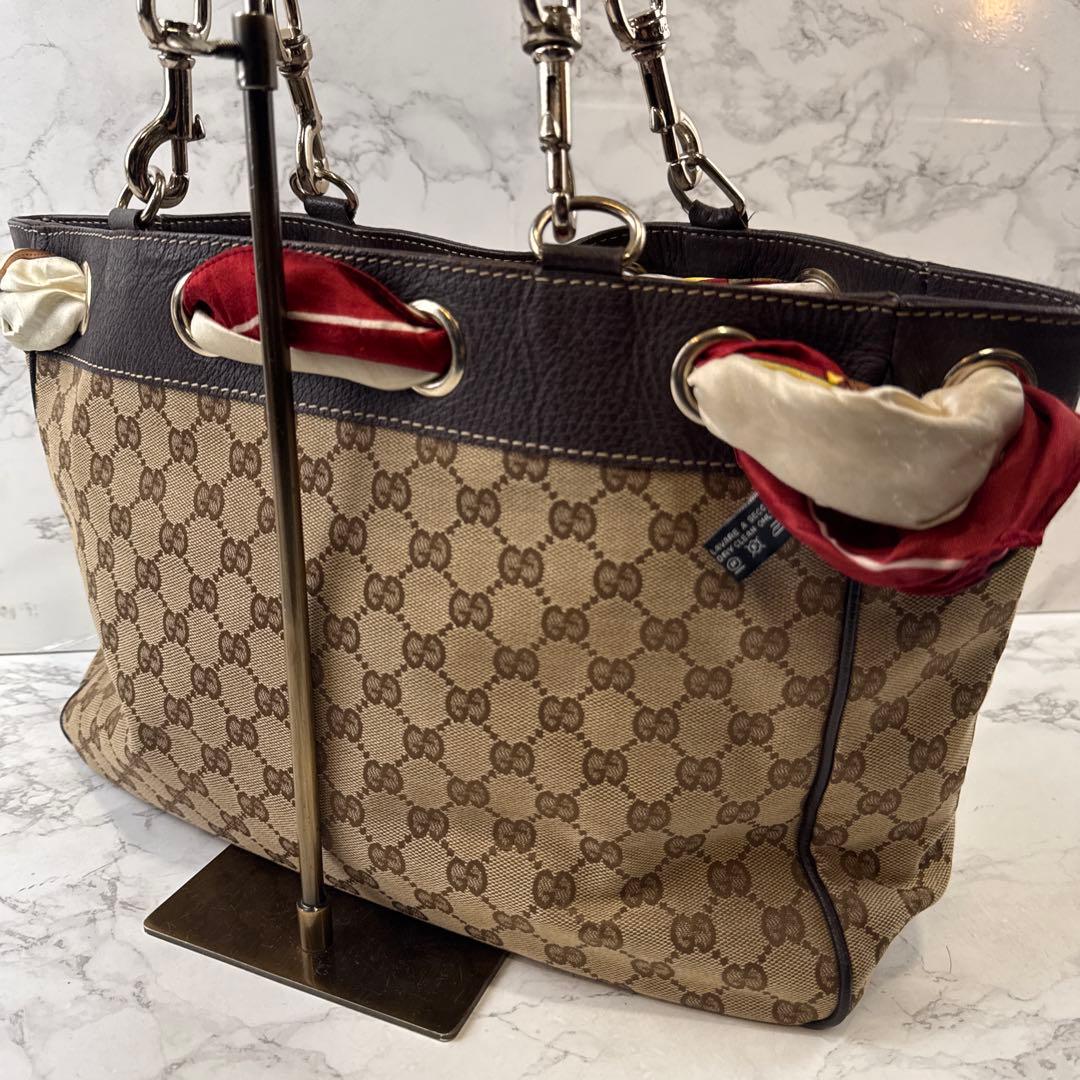 GUCCI グッチ スカーフ GG柄ジャガード×本革 レザー トートバッグ