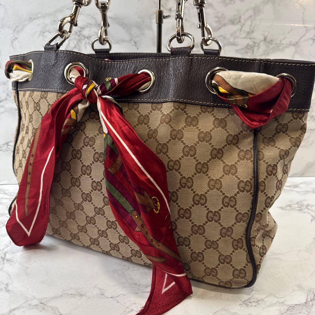 GUCCI グッチ スカーフ GG柄ジャガード×本革 レザー トートバッグ