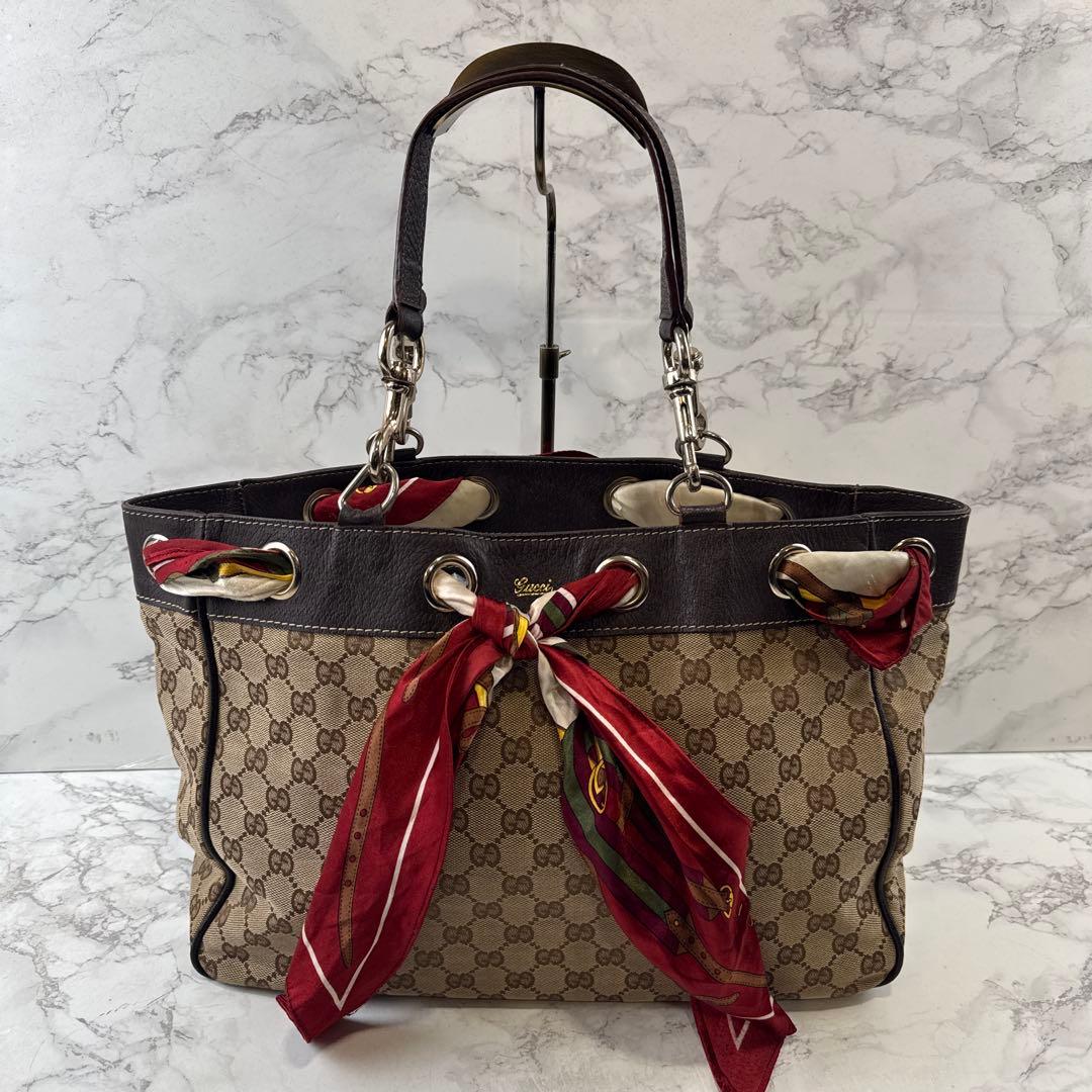 GUCCI グッチ スカーフ GG柄ジャガード×本革 レザー トートバッグ