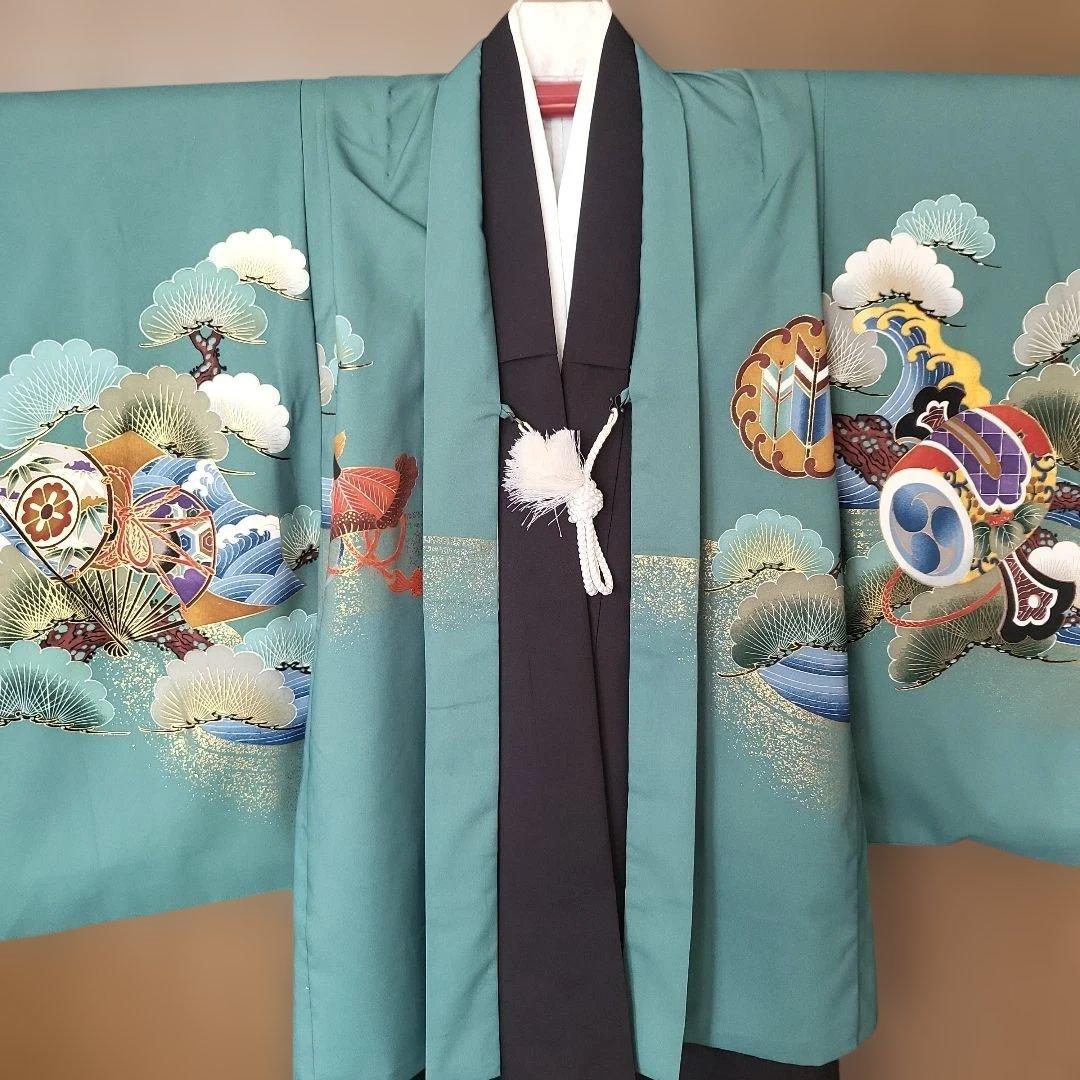 日本製　5歳　七五三用 セット　青緑色の着物
