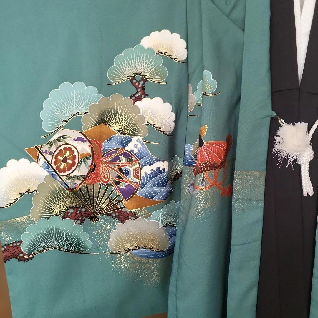 日本製　5歳　七五三用 セット　青緑色の着物