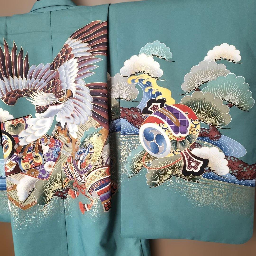 日本製　5歳　七五三用 セット　青緑色の着物