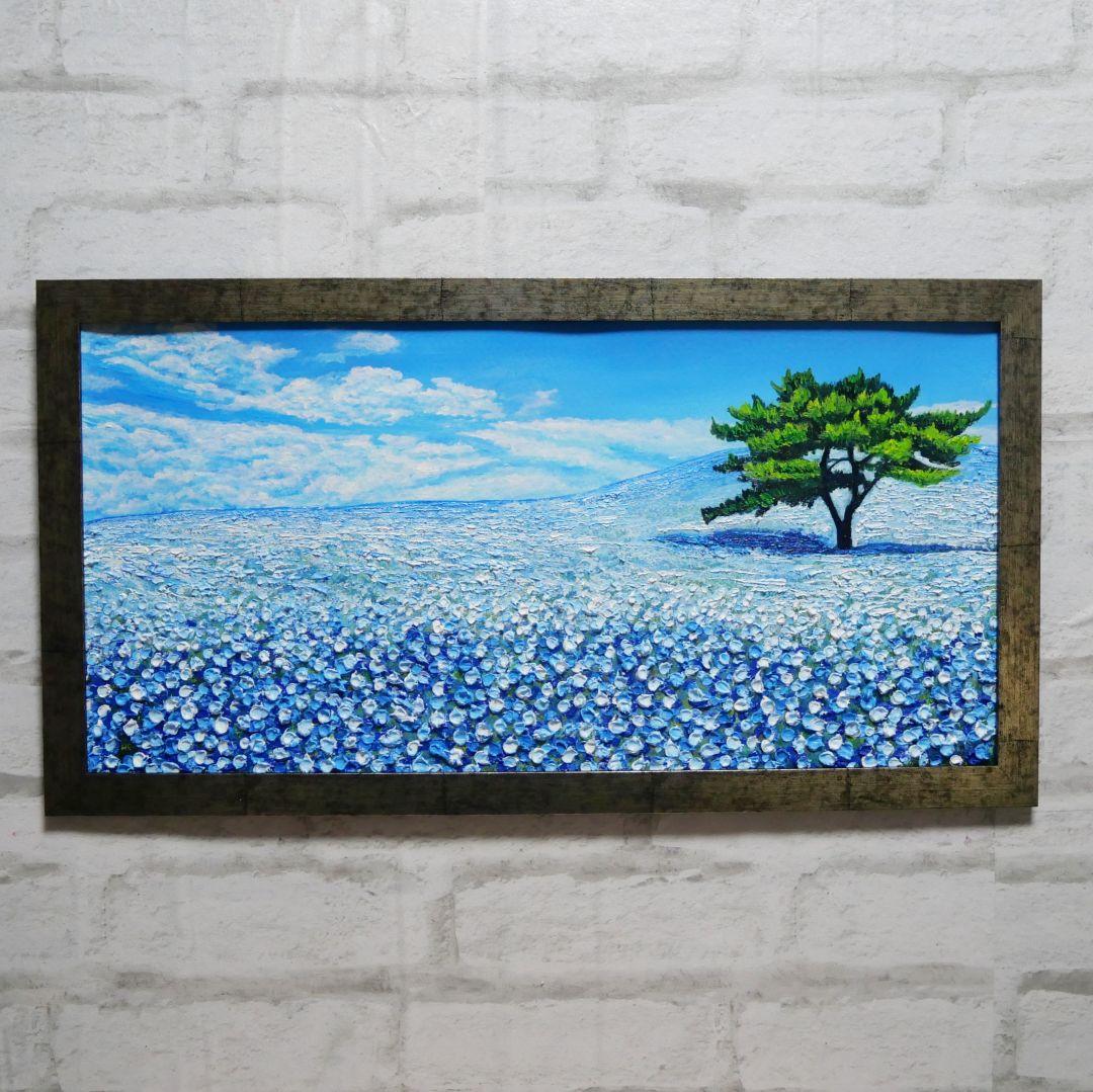 油絵 油彩 油彩画 絵 絵画【青いネモフィラの丘】