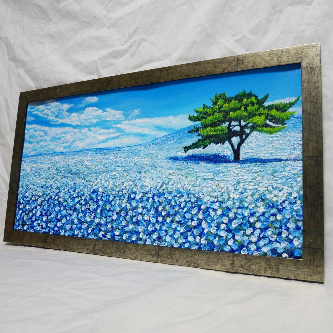 油絵 油彩 油彩画 絵 絵画【青いネモフィラの丘】