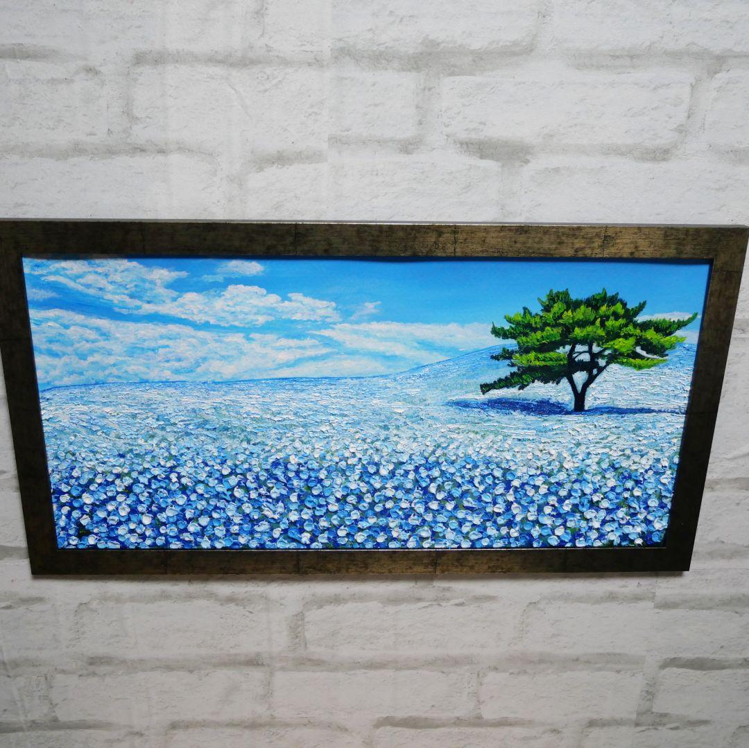 油絵 油彩 油彩画 絵 絵画【青いネモフィラの丘】