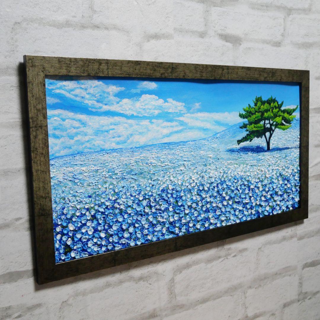 油絵 油彩 油彩画 絵 絵画【青いネモフィラの丘】
