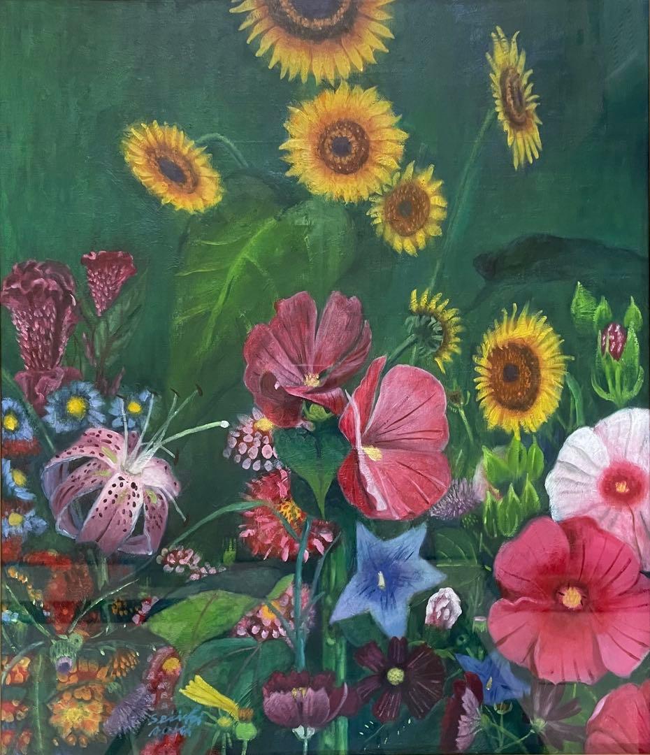 lili　青木誠一　油彩　ひまわり　朝顔　10号　1994年　8月　e31