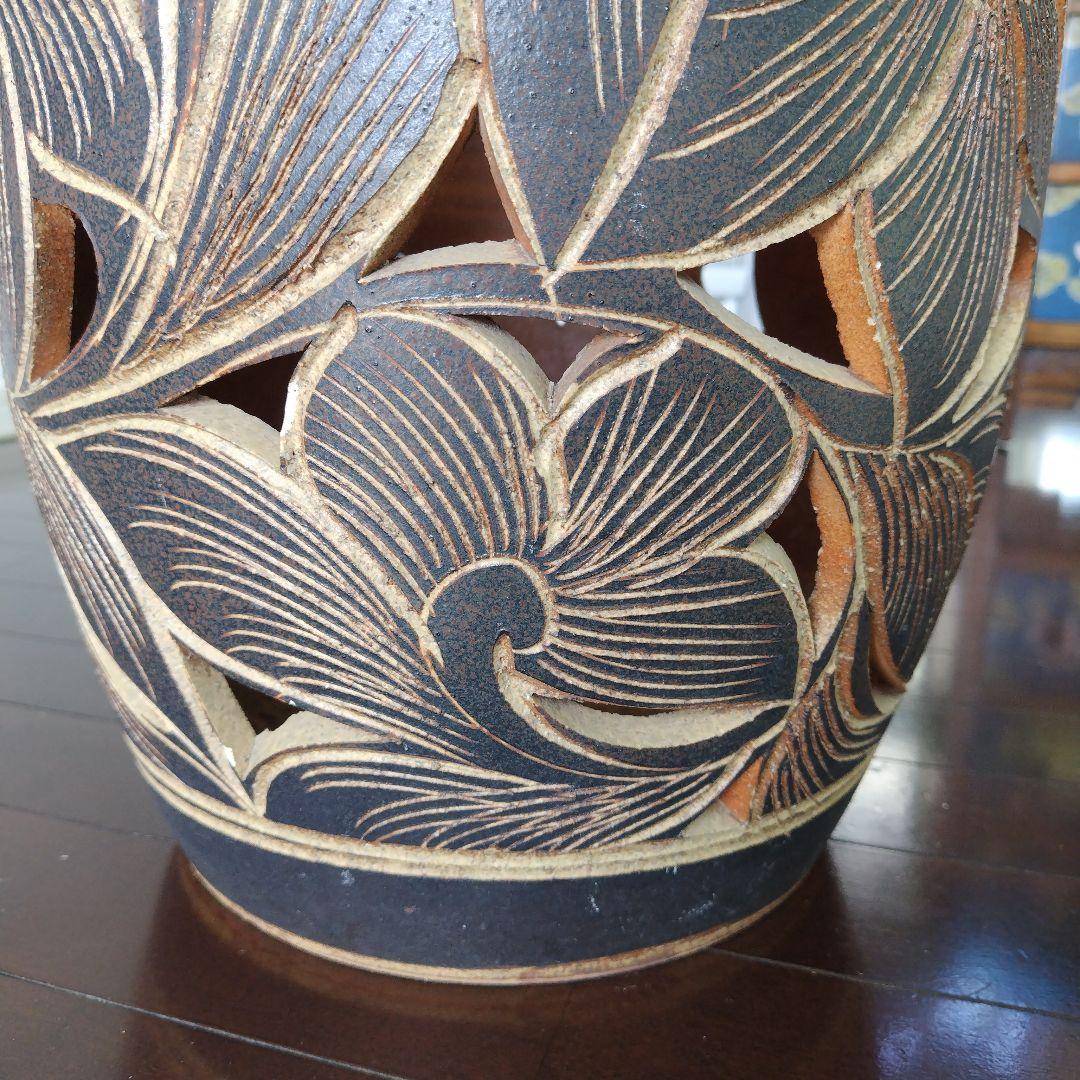 アンティーク 信楽焼傘立て 透かし彫刻 北欧インテリア 高さ42.5cm