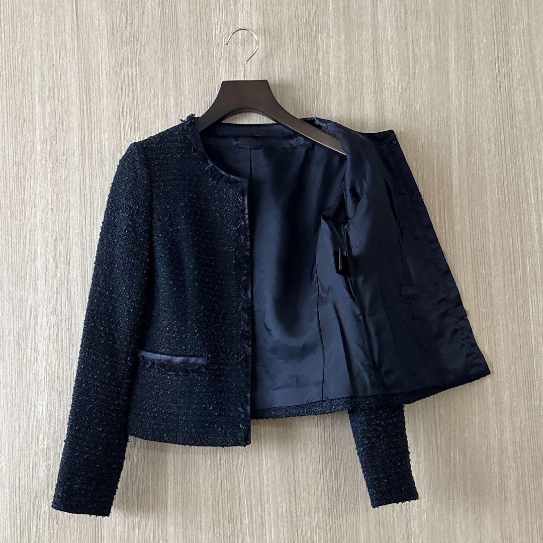 【1275】アナイ　ファンシーツイード クルー　ジャケット　　濃紺　38