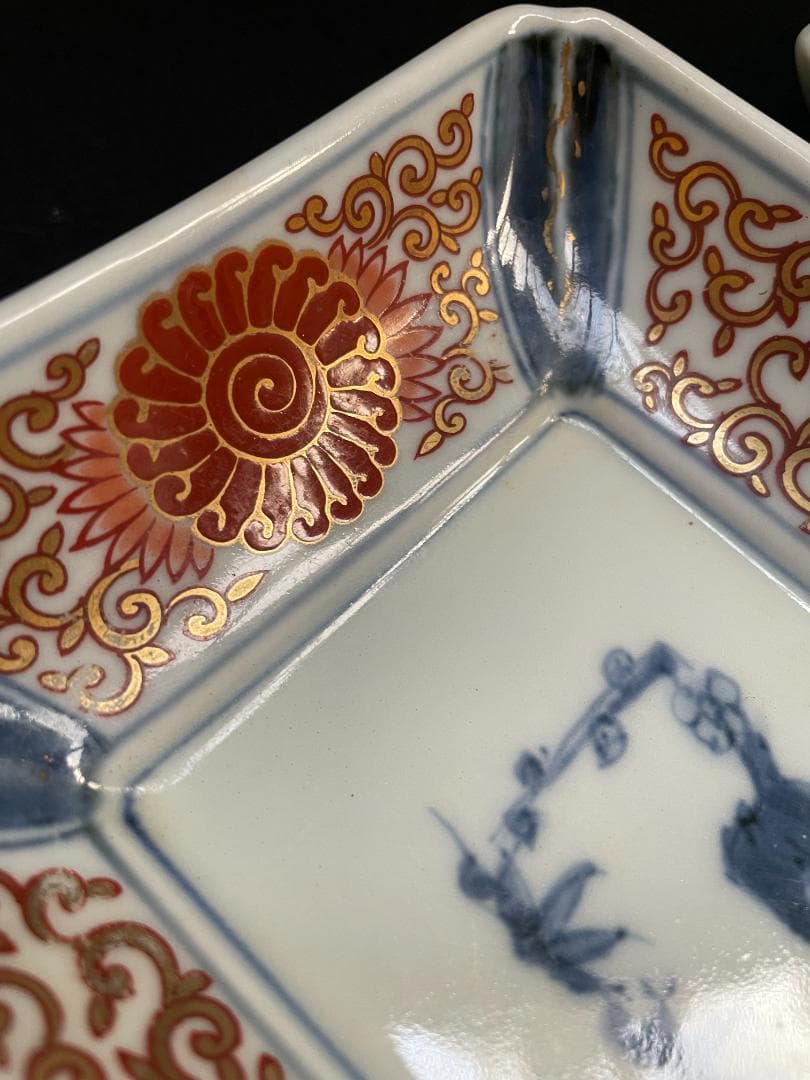 江戸期 富貴長春 古伊万里 染付 金彩 色絵 骨董 長皿 蛸唐草紋 美品 2客