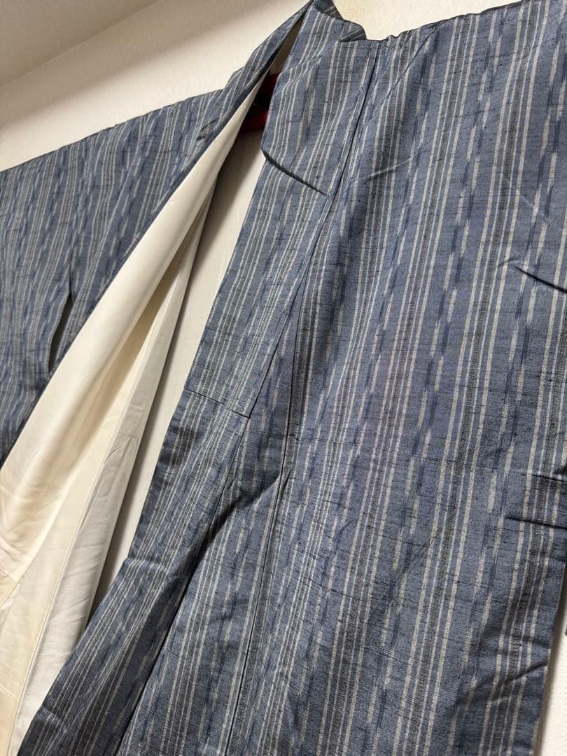 【未着用品】西陣織染匠「美吉」米沢産米沢紬 手機織 藍鼠色「多種縦縞文様」
