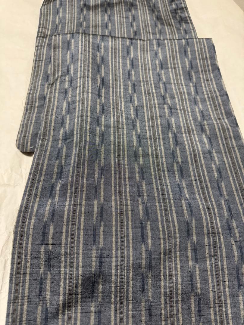 【未着用品】西陣織染匠「美吉」米沢産米沢紬 手機織 藍鼠色「多種縦縞文様」
