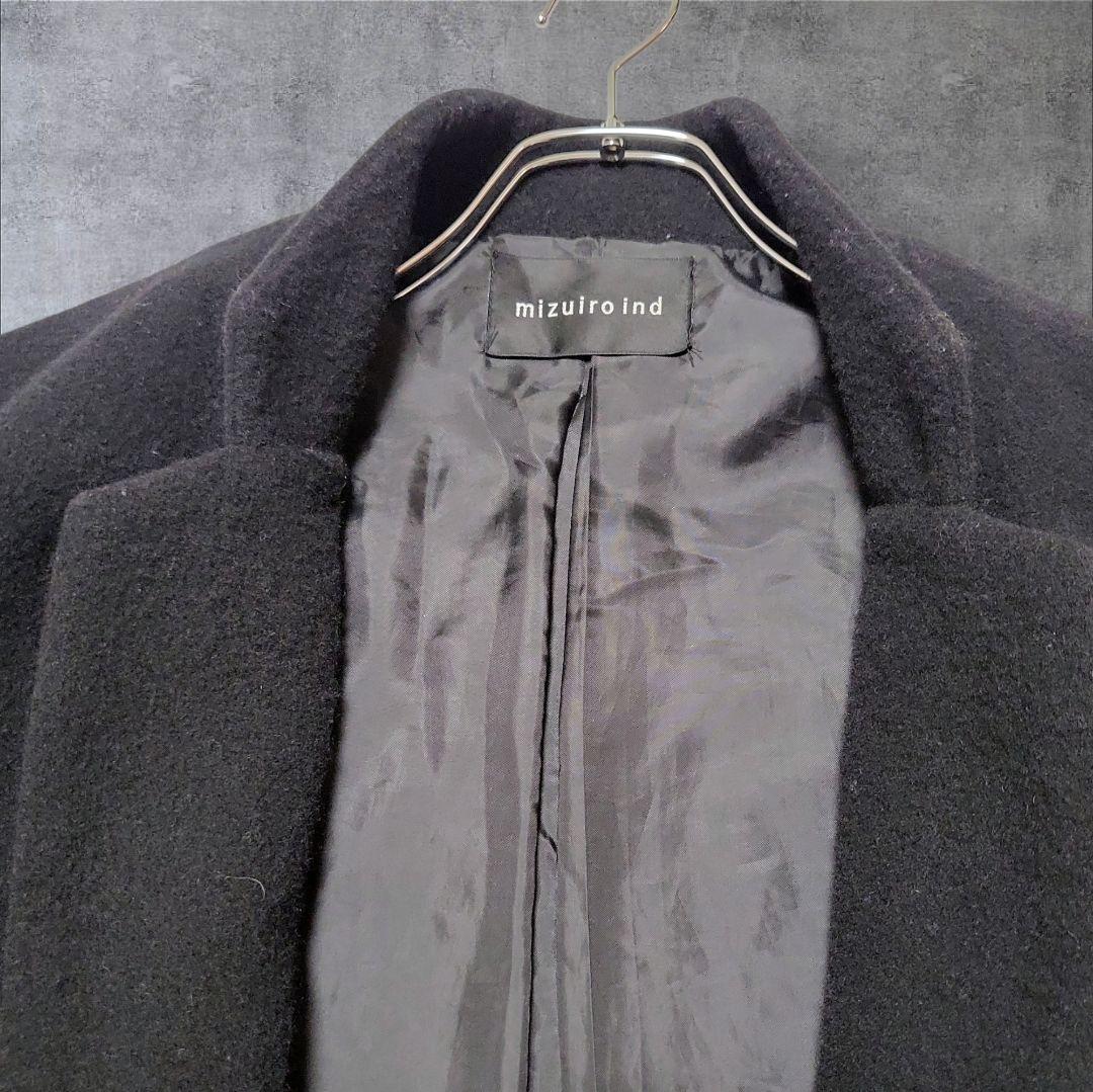 美品mizuiro indウールブレンド 黒チェスターコート スタンドカラー
