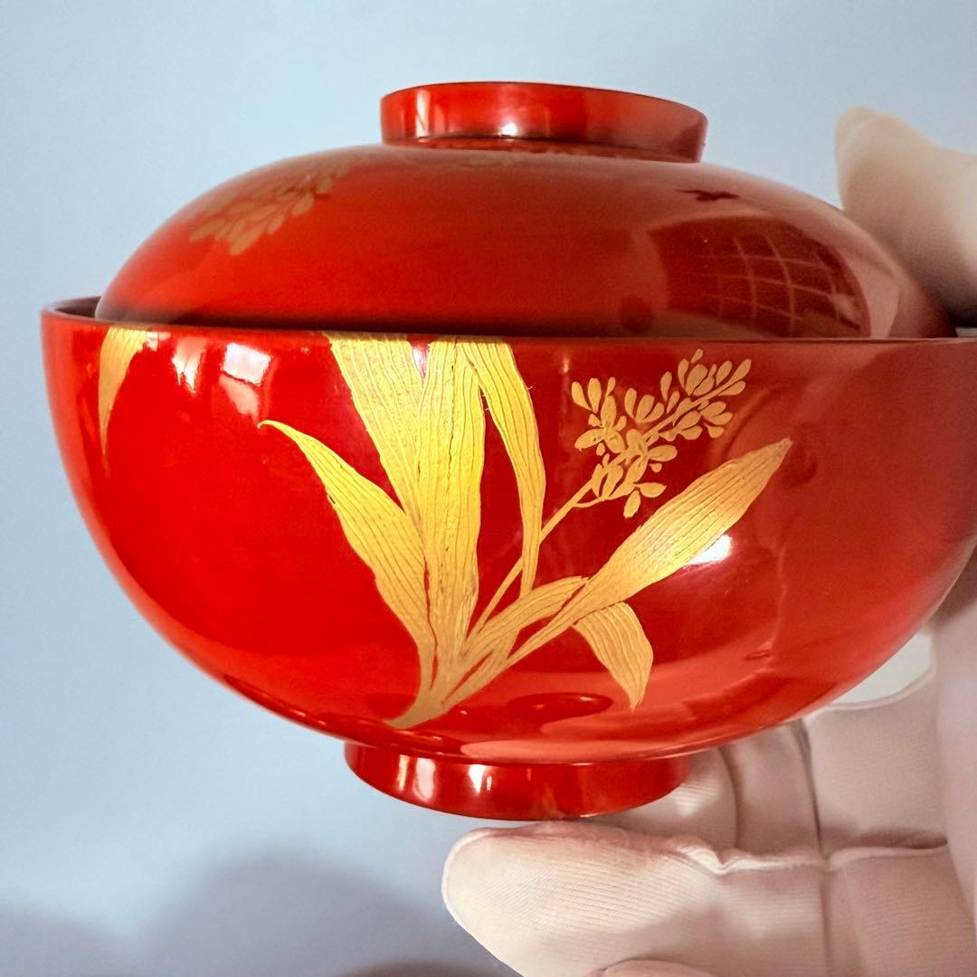 京漆器　蒔絵師　橘屋友七　絵替わり　「朱塗椀直物文様」　10客　漆器　共箱有り