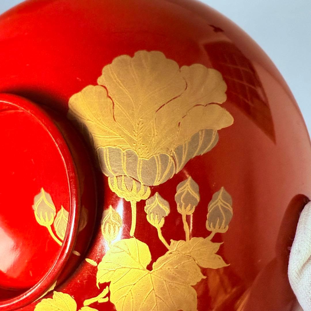 京漆器　蒔絵師　橘屋友七　絵替わり　「朱塗椀直物文様」　10客　漆器　共箱有り