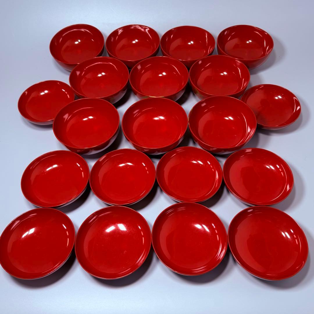 京漆器　蒔絵師　橘屋友七　絵替わり　「朱塗椀直物文様」　10客　漆器　共箱有り