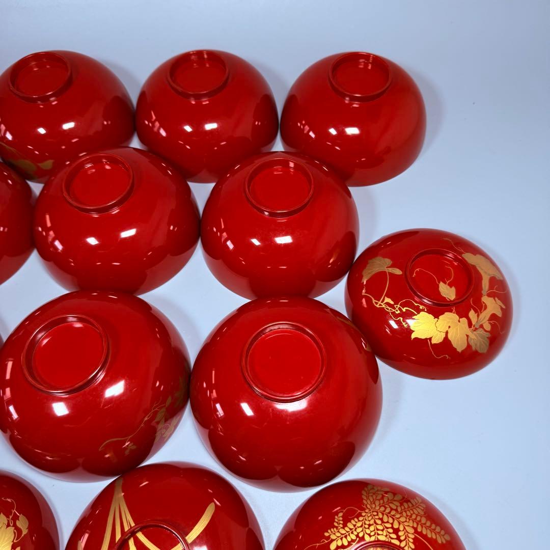 京漆器　蒔絵師　橘屋友七　絵替わり　「朱塗椀直物文様」　10客　漆器　共箱有り