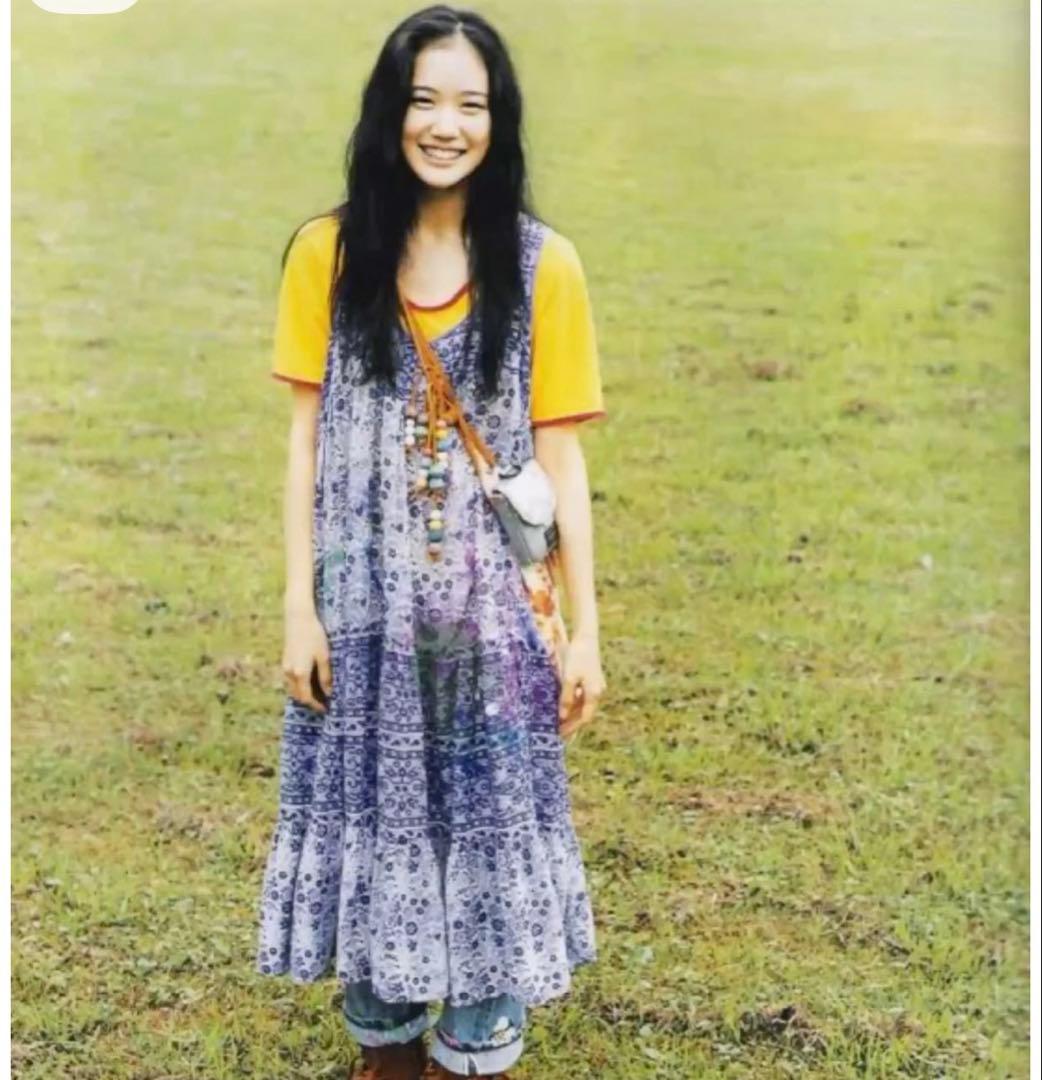 80s パキスタン製　パープル　コットン　花柄　ティアードワンピース インド