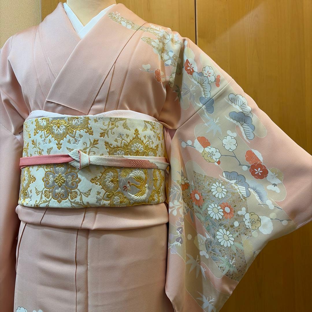 正絹未使用訪問着５点セット【長襦袢 袋帯 帯締め 帯揚げ】