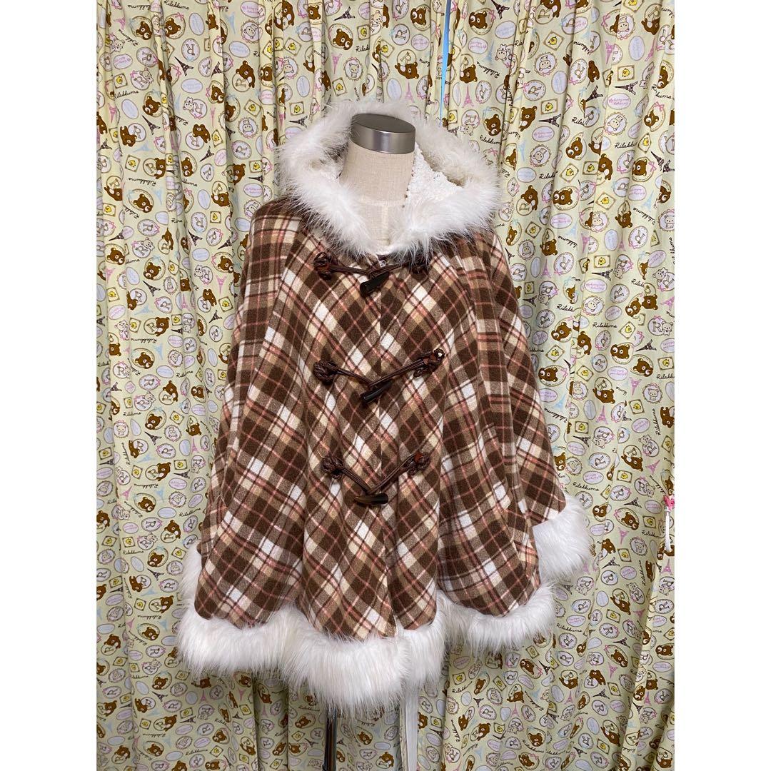 ブラウンチェックフード付きポンチョ　リズリサ LIZ LISA