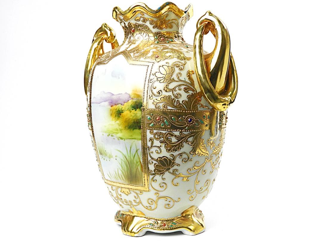 オールドノリタケ 金彩ジュエル風景画 プレッツェルハンドル 飾り壷 アンティーク