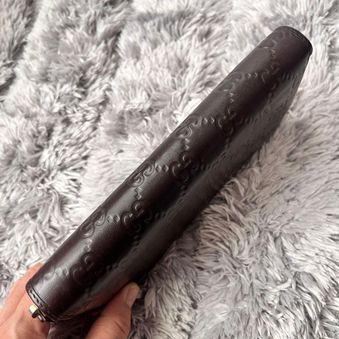 美品✨GUCCI ラウンドファスナー　シマ　リボン　ブラウン　長財布　レディース