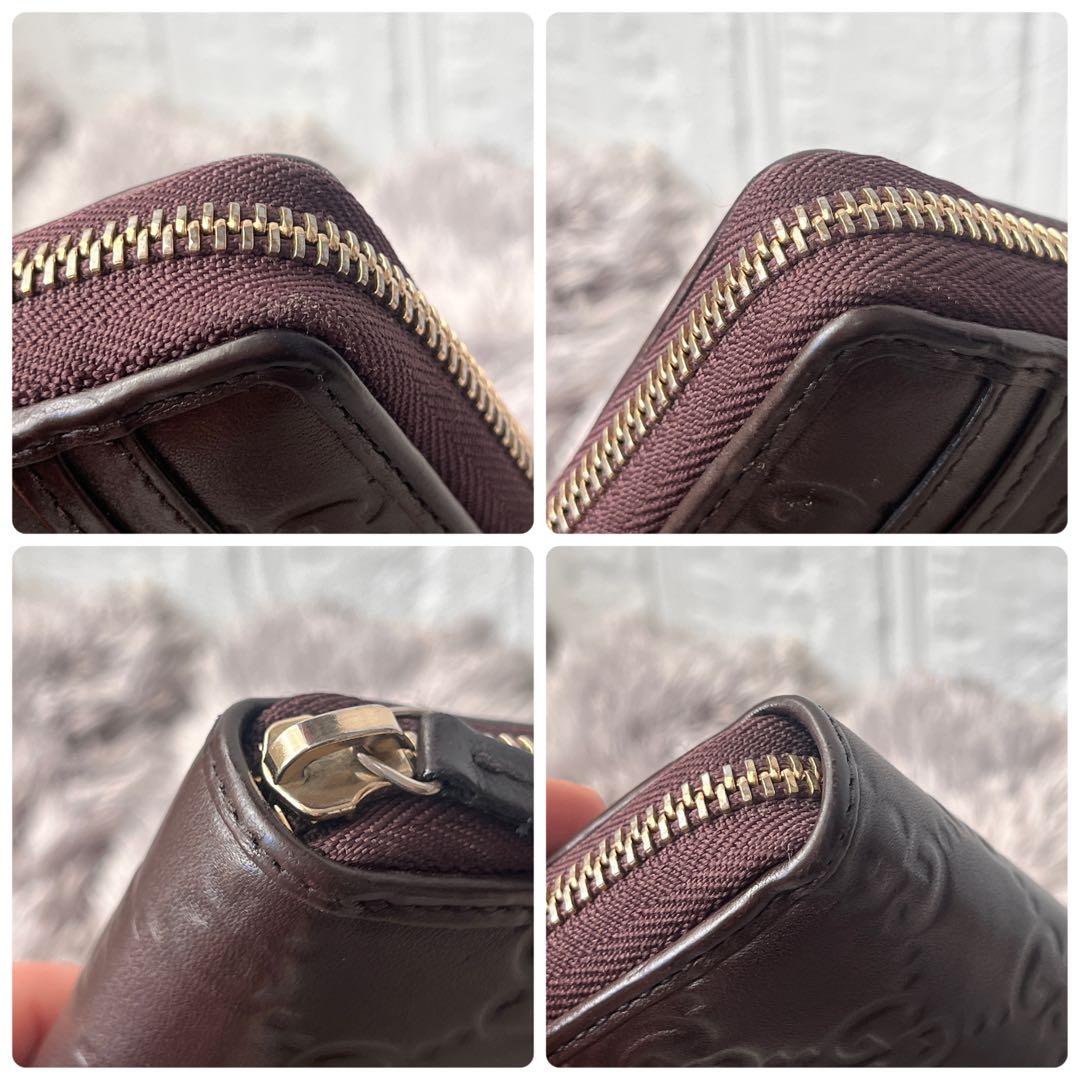 美品✨GUCCI ラウンドファスナー　シマ　リボン　ブラウン　長財布　レディース