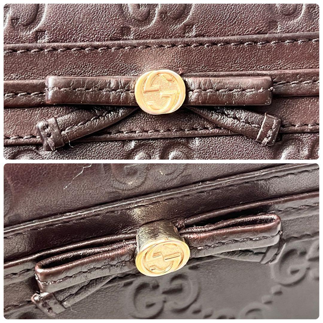 美品✨GUCCI ラウンドファスナー　シマ　リボン　ブラウン　長財布　レディース