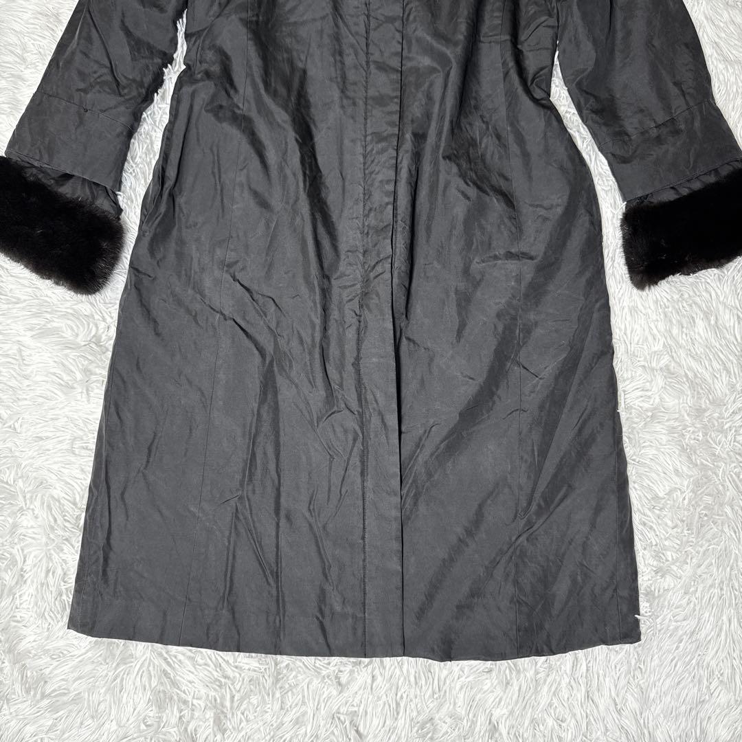 レオナール シルク100% ロングコート ミンクファー ペイズリー柄 黒 M