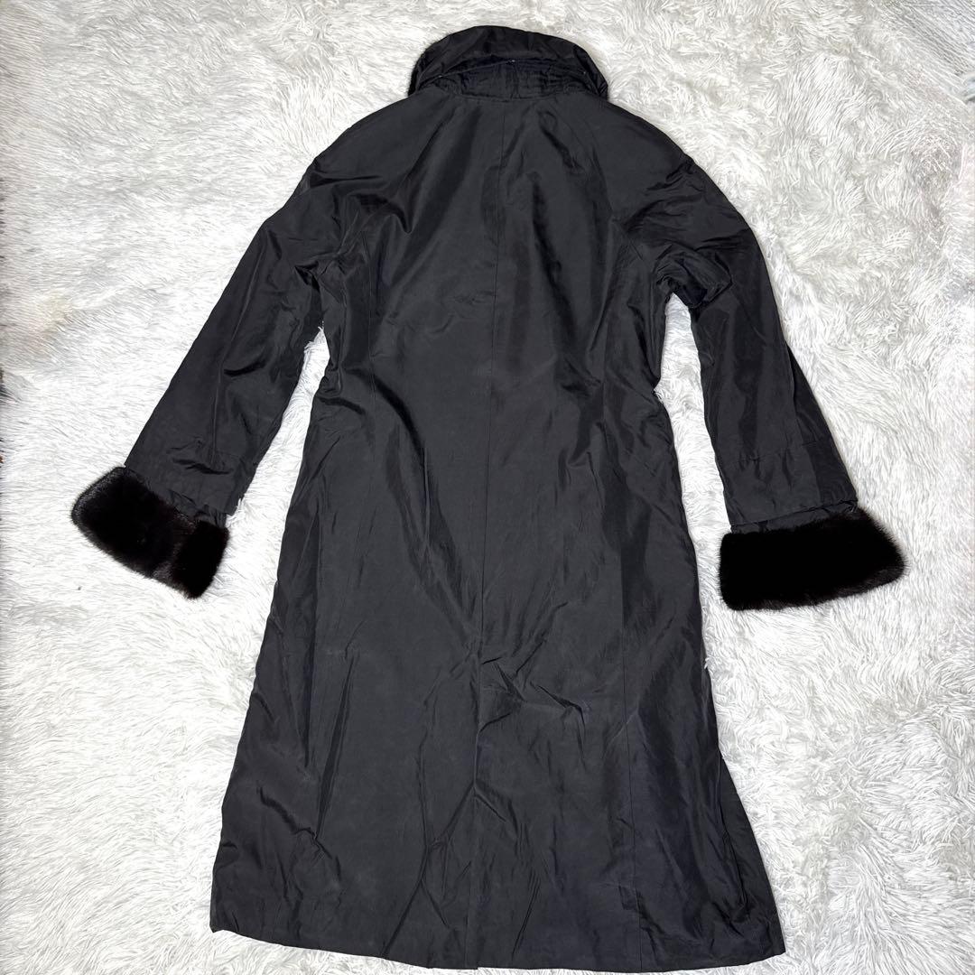 レオナール シルク100% ロングコート ミンクファー ペイズリー柄 黒 M