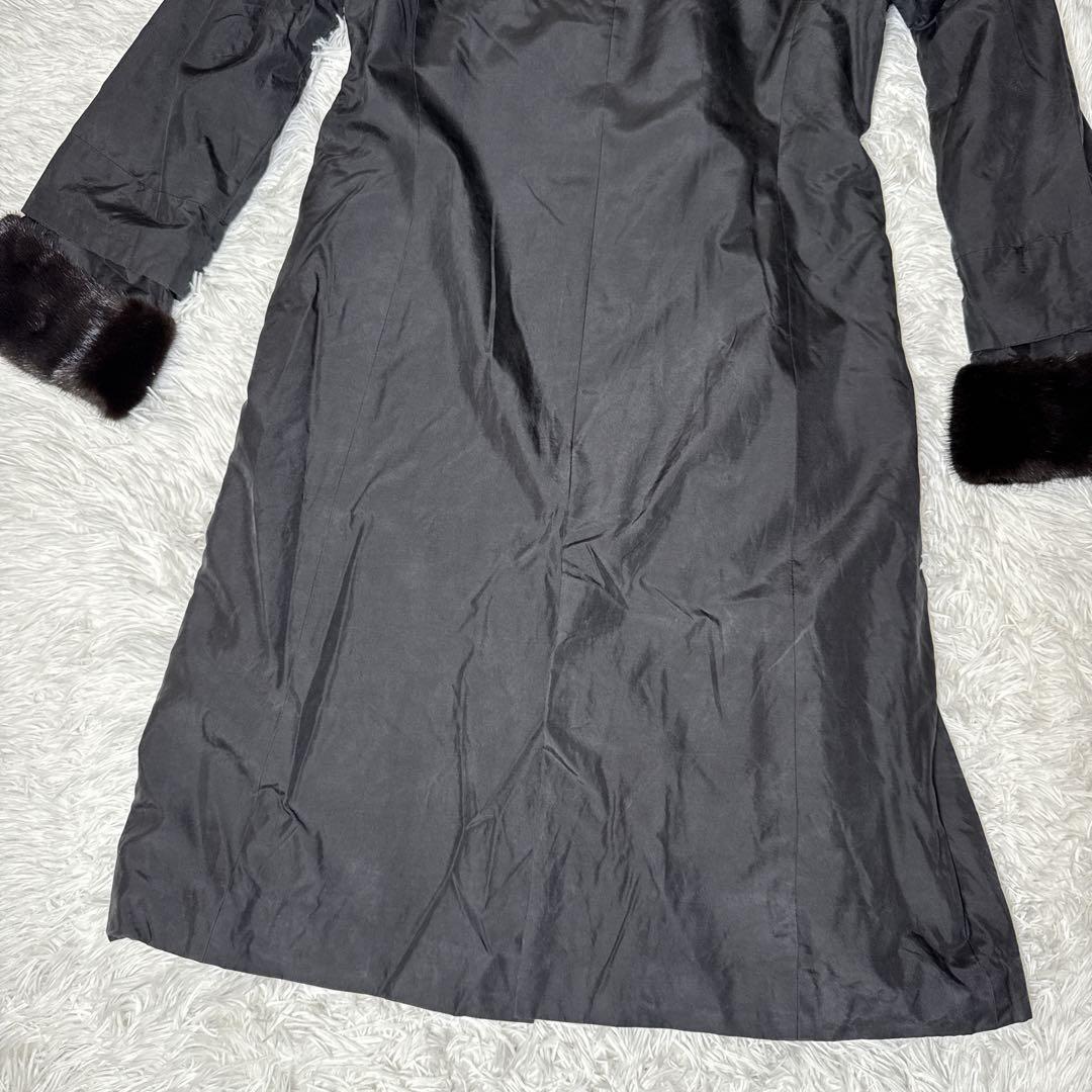 レオナール シルク100% ロングコート ミンクファー ペイズリー柄 黒 M