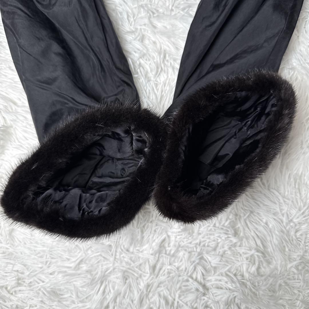 レオナール シルク100% ロングコート ミンクファー ペイズリー柄 黒 M