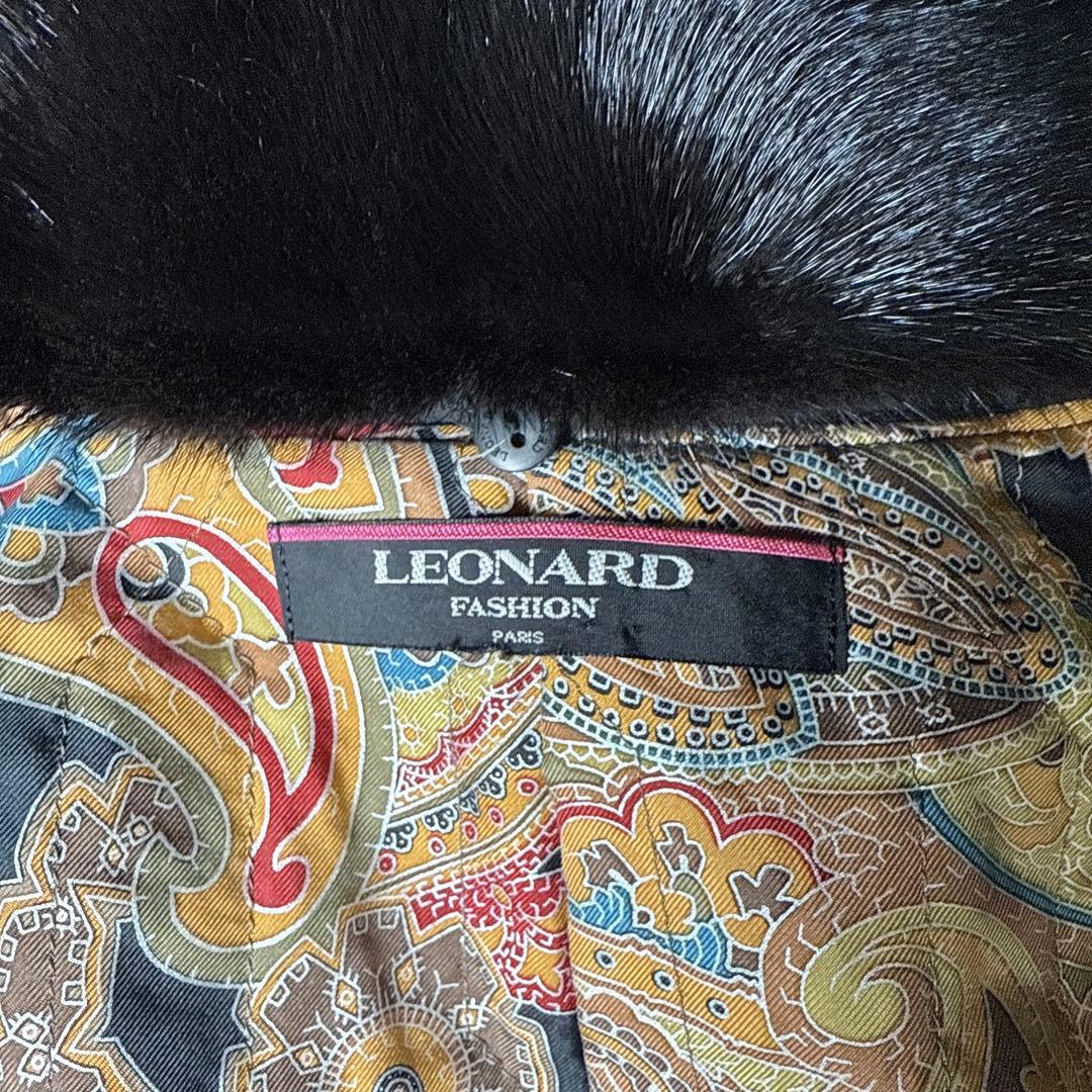 レオナール シルク100% ロングコート ミンクファー ペイズリー柄 黒 M